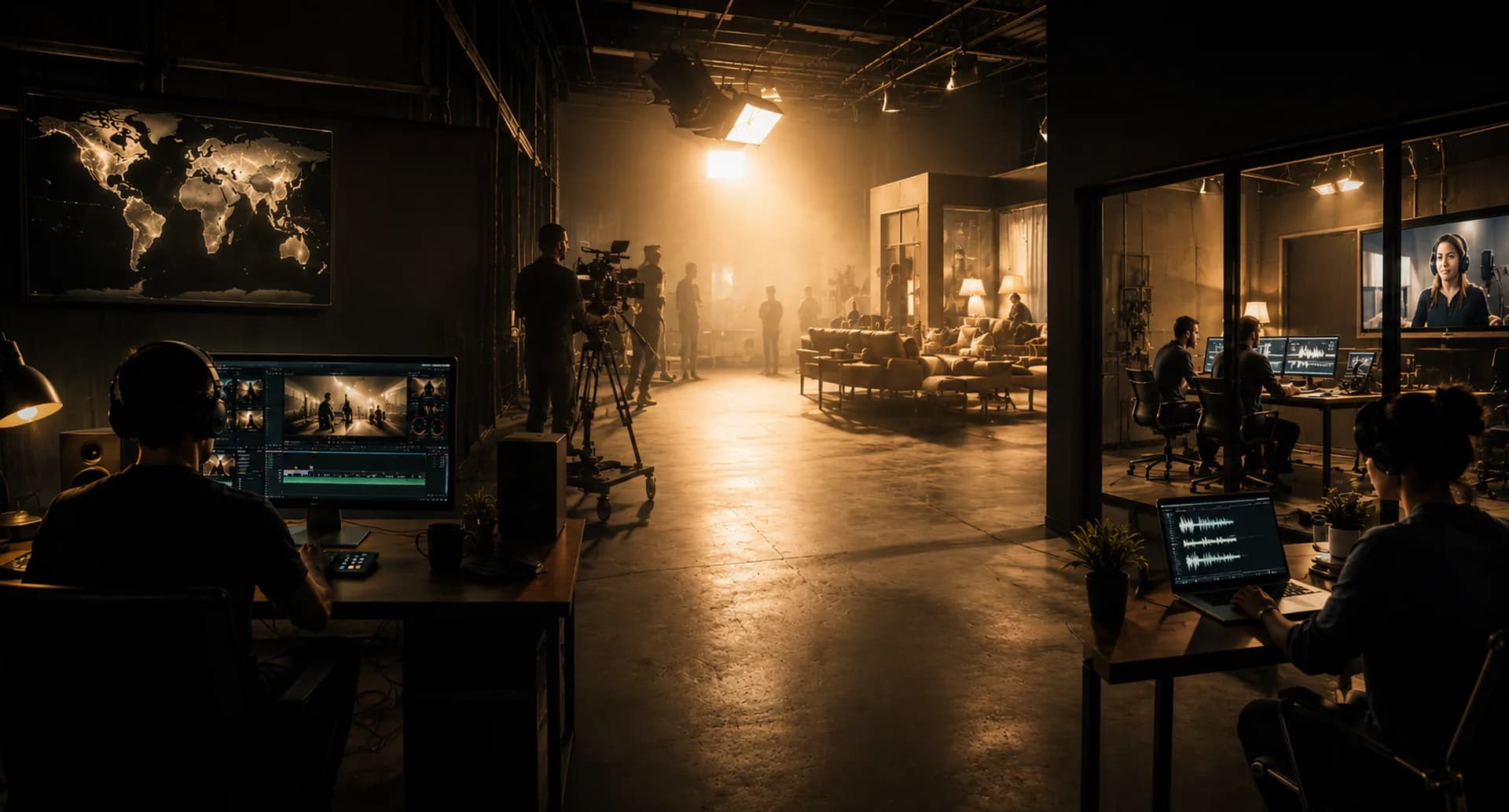 Ant Systemz production floor with editors, camera crew, and collaborative studio workspaces