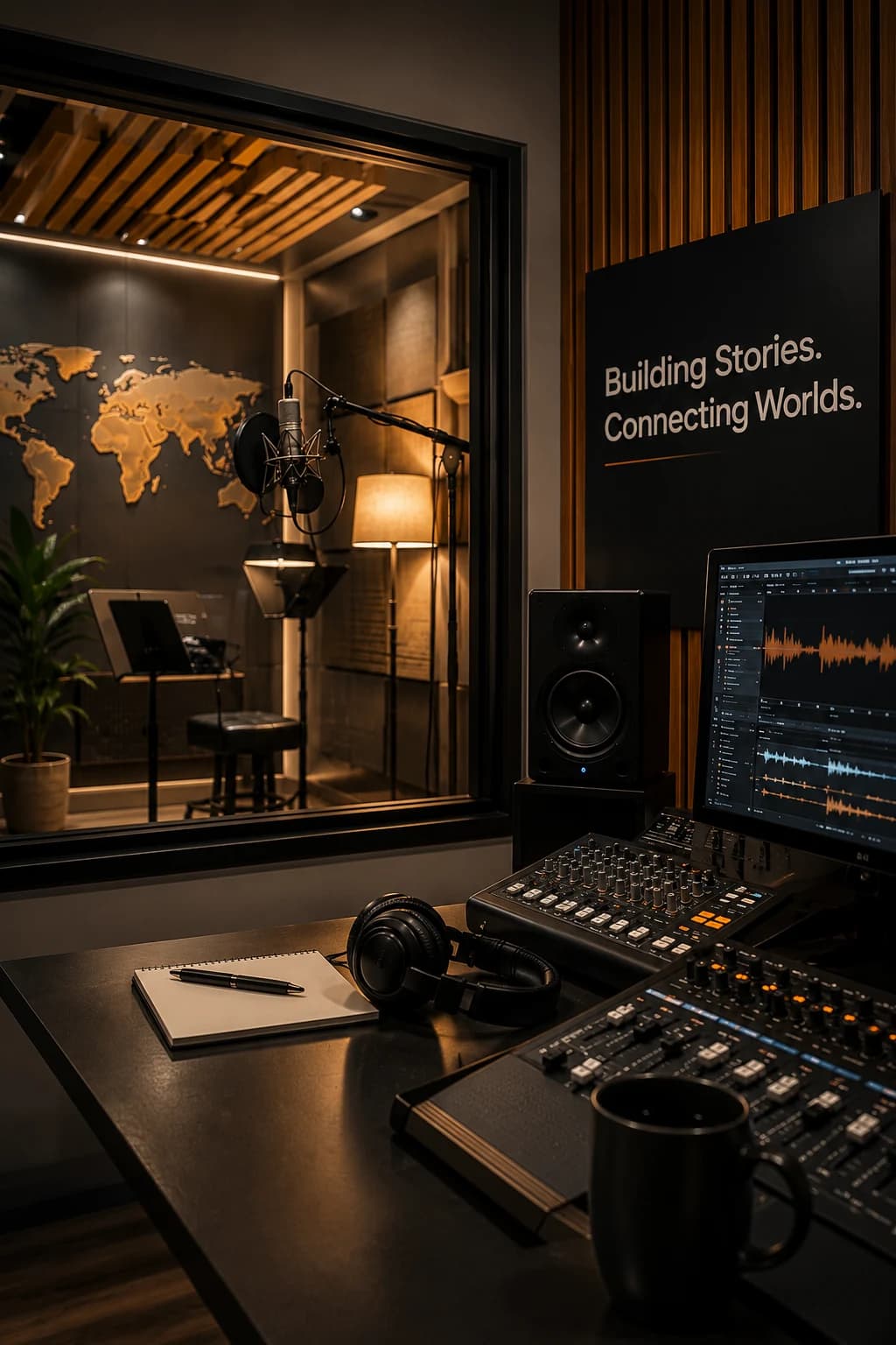 Professional recording studio with mixing console and vocal booth at Ant Systemz