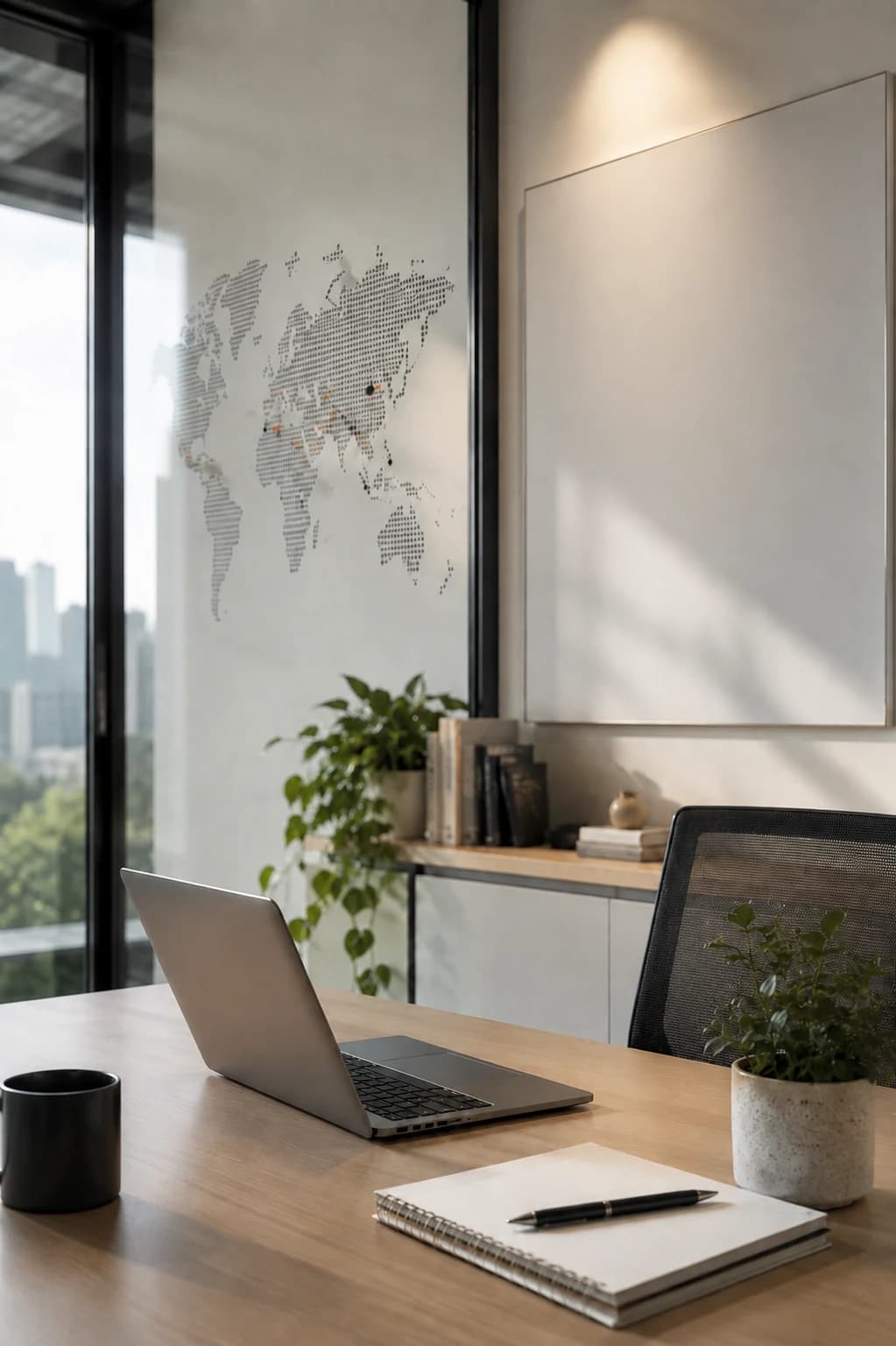 Modern Ant Systemz workspace with laptop, notebook, and a world map overlooking the city